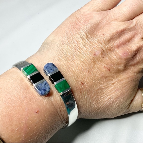 Heavy Sterling Silver Clamper Cuff Mexican Stone Tops - Picture 7 of 7